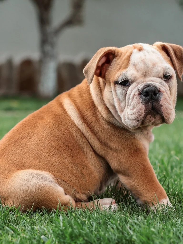 English bulldog resting in grass